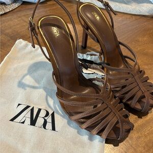 ZARA NWT Brown Strappy Heels, Size 7.5
